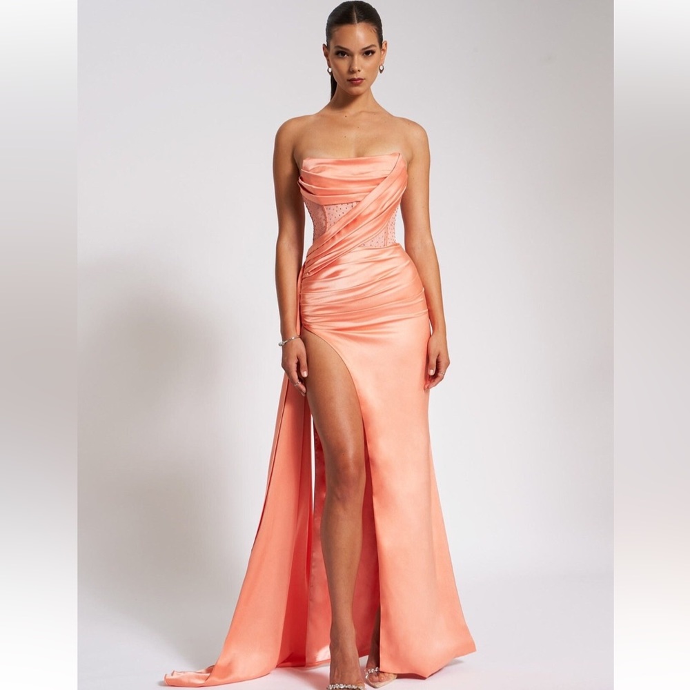 Coral Crystal Corset High Slit Draped Gown - NWT